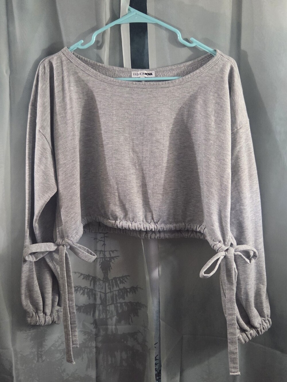 Fashion Nova Heather Gray Cropped Tie-Sleeve Top